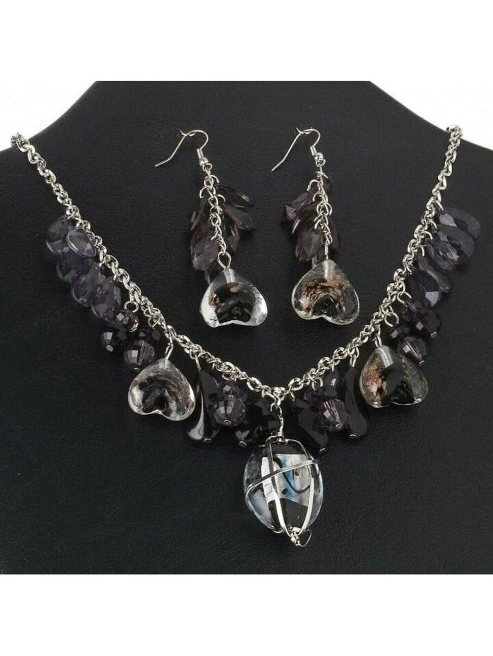 Black Clear Copper Silver Lampwork Glass Necklace Earrings Jewelry Set - Picture 2 of 3